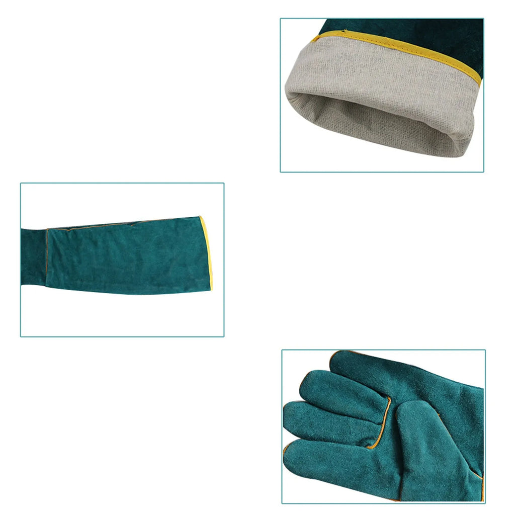 Dark green long sleeve leather gloves for handling and protecting against animal bites and scratches.