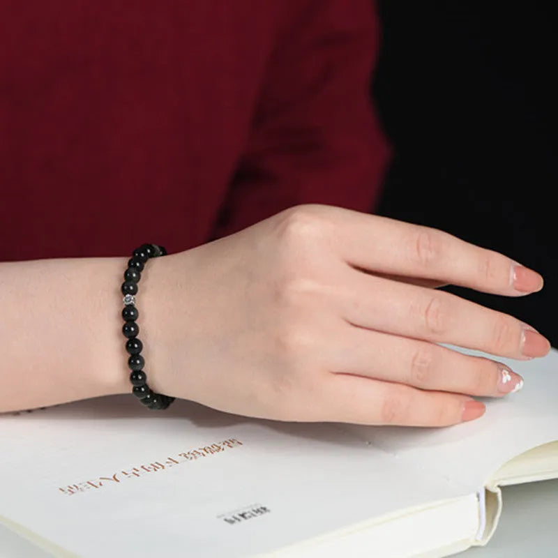 Natural obsidian bracelet with S925 silver flower accessories and dragon phoenix decorations, 6mm beads