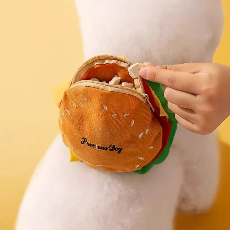 Cute cartoon hamburger print on an adjustable vest-style dog leash and harness.