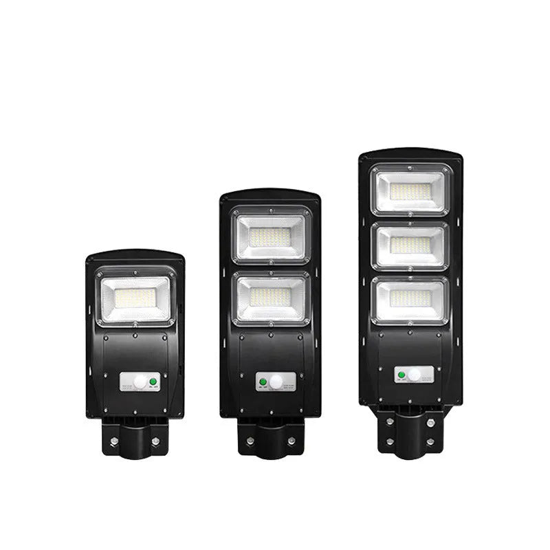 Integrated solar-powered 60W LED street light with remote control for outdoor use.