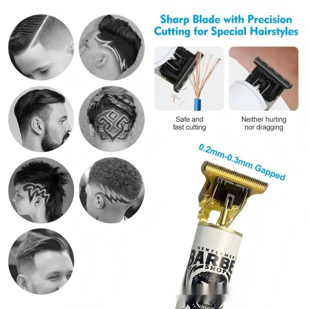 Rechargeable hair clipper with stainless steel cutter head, plastic body, and 4-in-1 accessory kit on a table.