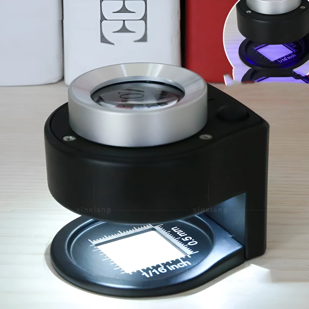 30x full metal magnifier with 6 LED light, graduated scale, 26 mm lens, black or white