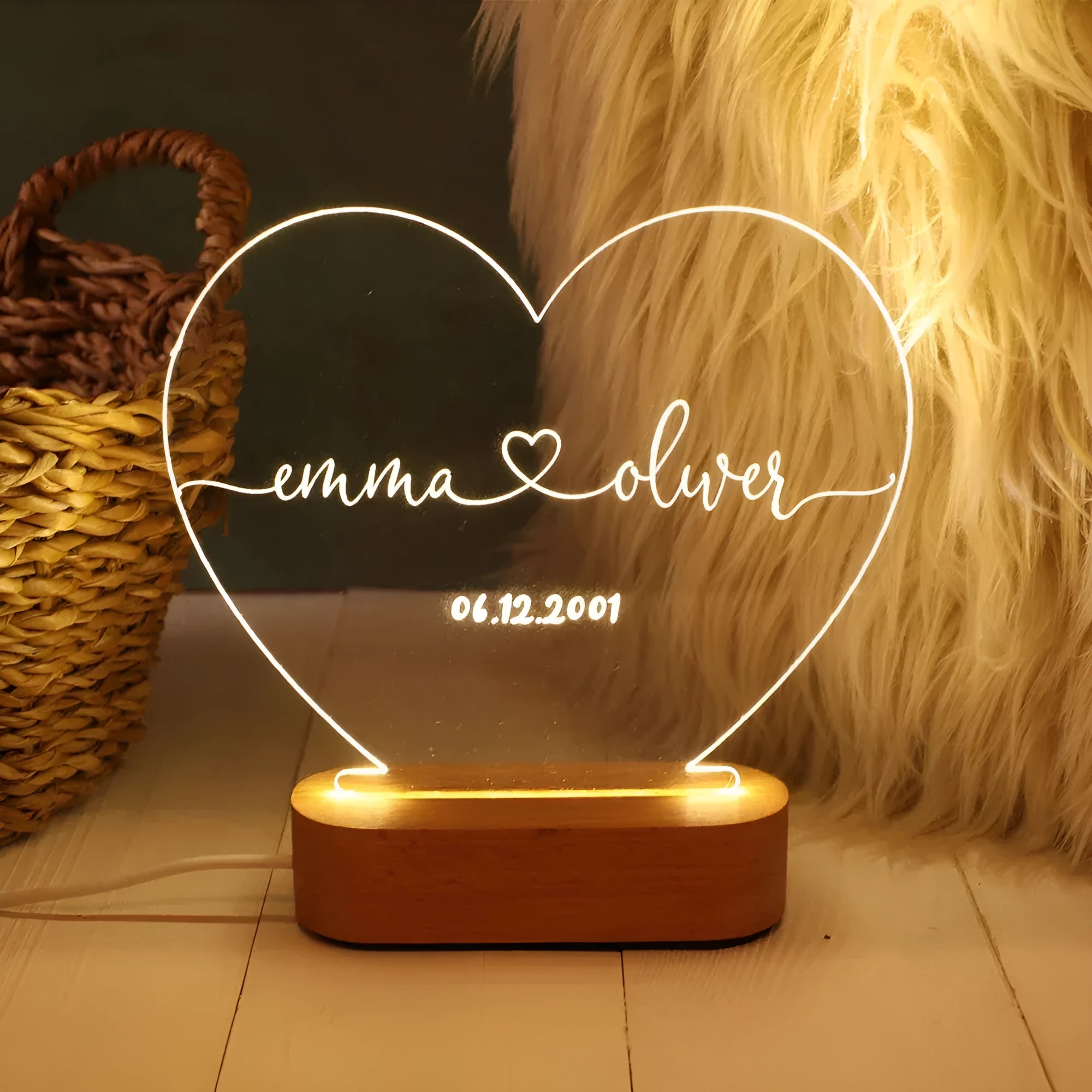 Transparent custom acrylic night light with personalised text, measuring 20cm by 11.5cm.