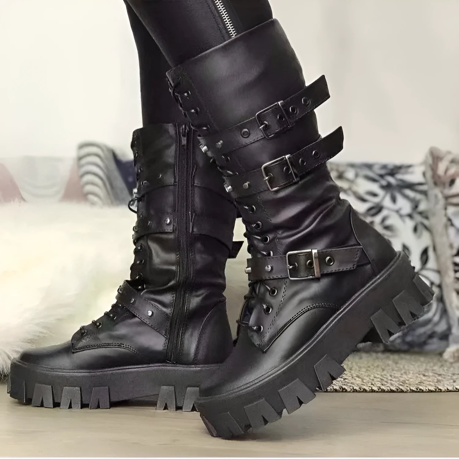 Buckle lace-up side zip punk women's mid boots in black and white, round toe, artificial PU upper and sole