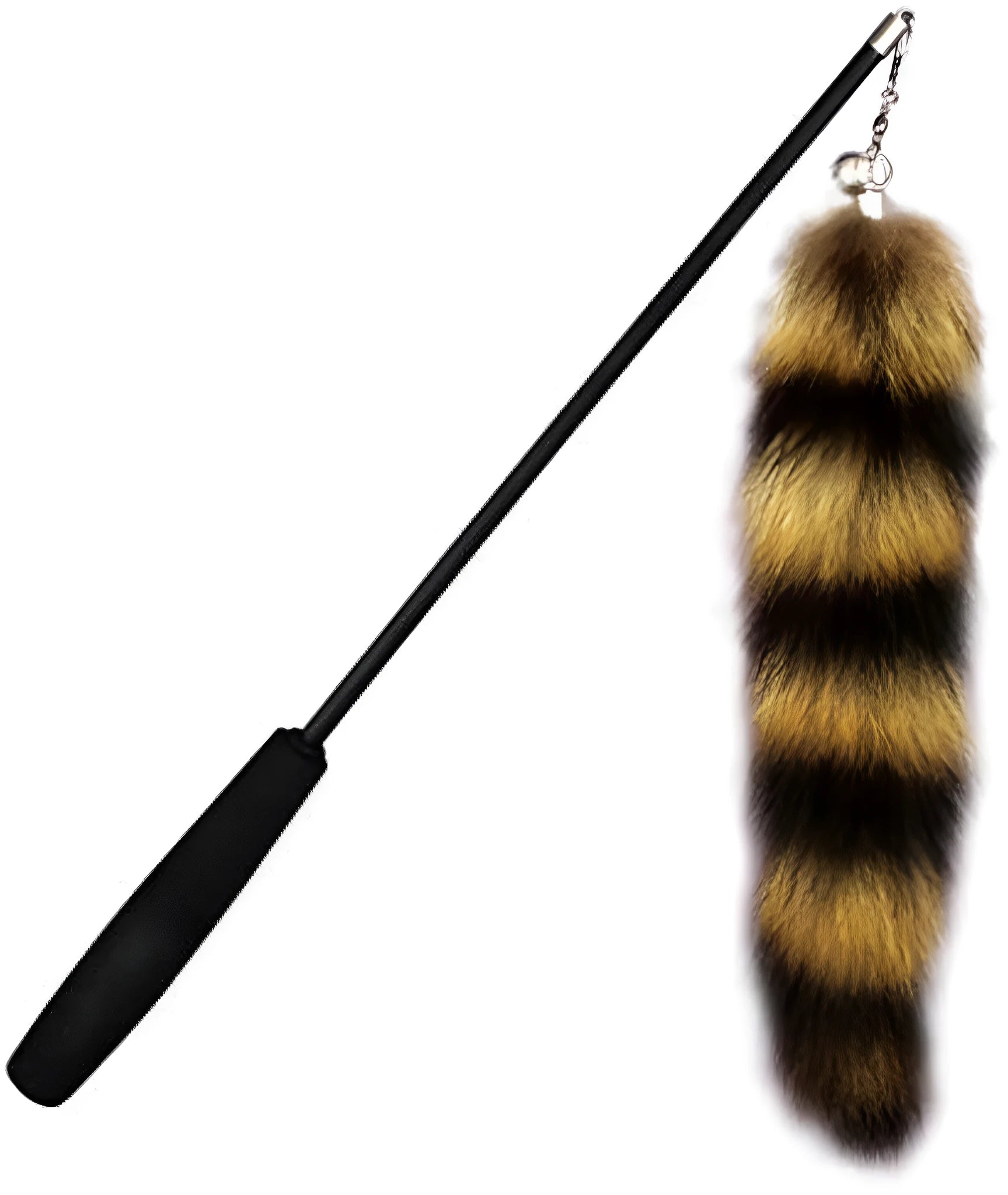 Black cat toy wand with elastic string and feather teaser, 42 cm long