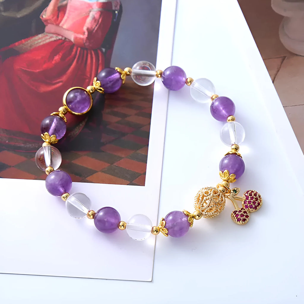 Purple amethyst crystal bracelet with micro-inlaid cherry flower design for women