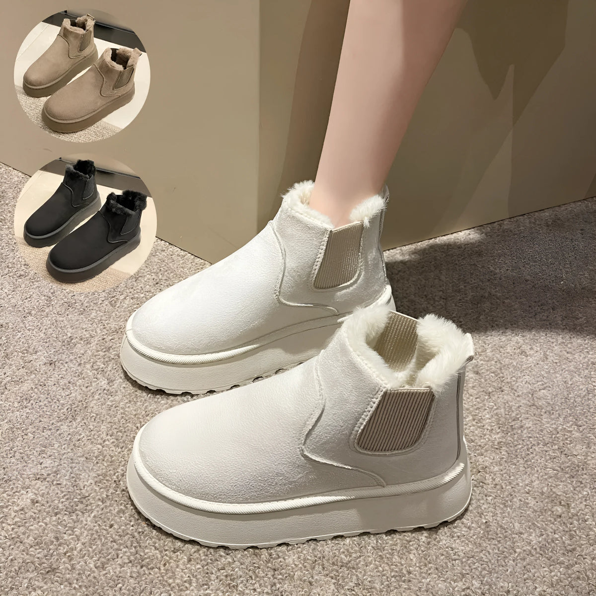 Women's plush snow boots in milky white with flat heel, round toe, faux PU upper, and short plush lining