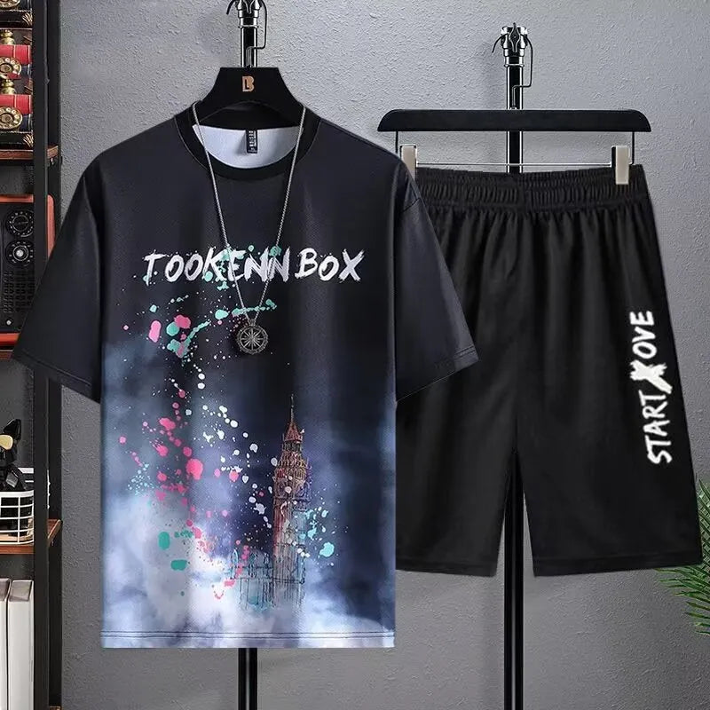 Men's polyester summer suit with short sleeve T-shirt and matching shorts in sports leisure style