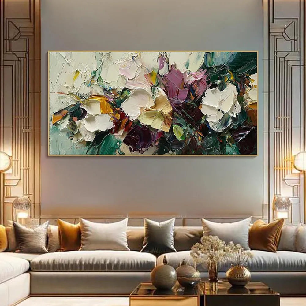 Handmade flowers field oil painting canvas artwork, modern horizontal design, rolled frameless