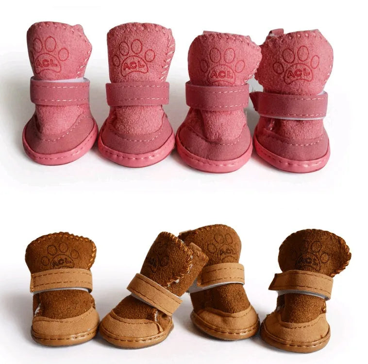 Khaki velvet dog snow boots set of four for small medium dogs winter warm paw protection