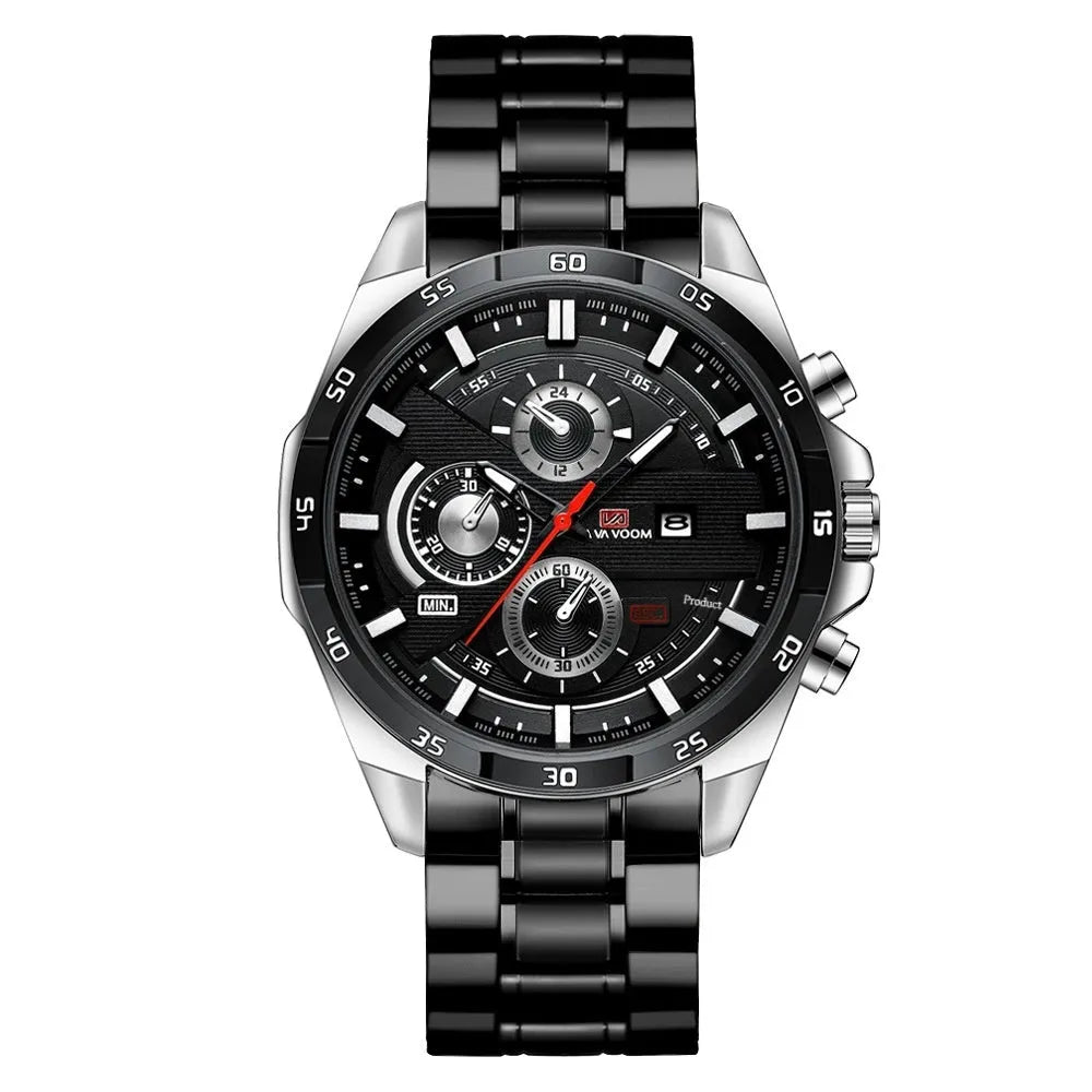 Men's business casual watch with leather strap and calendar display on wrist.