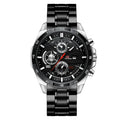 Men's business casual watch with leather strap and calendar display on wrist.