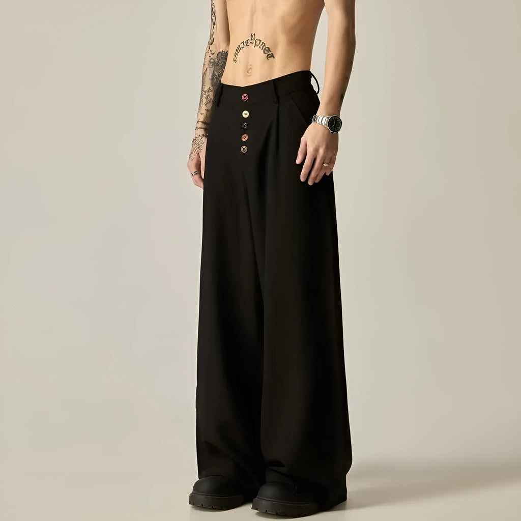 Men's black wide-leg casual trousers with vertical stripes and an elastic waistband.