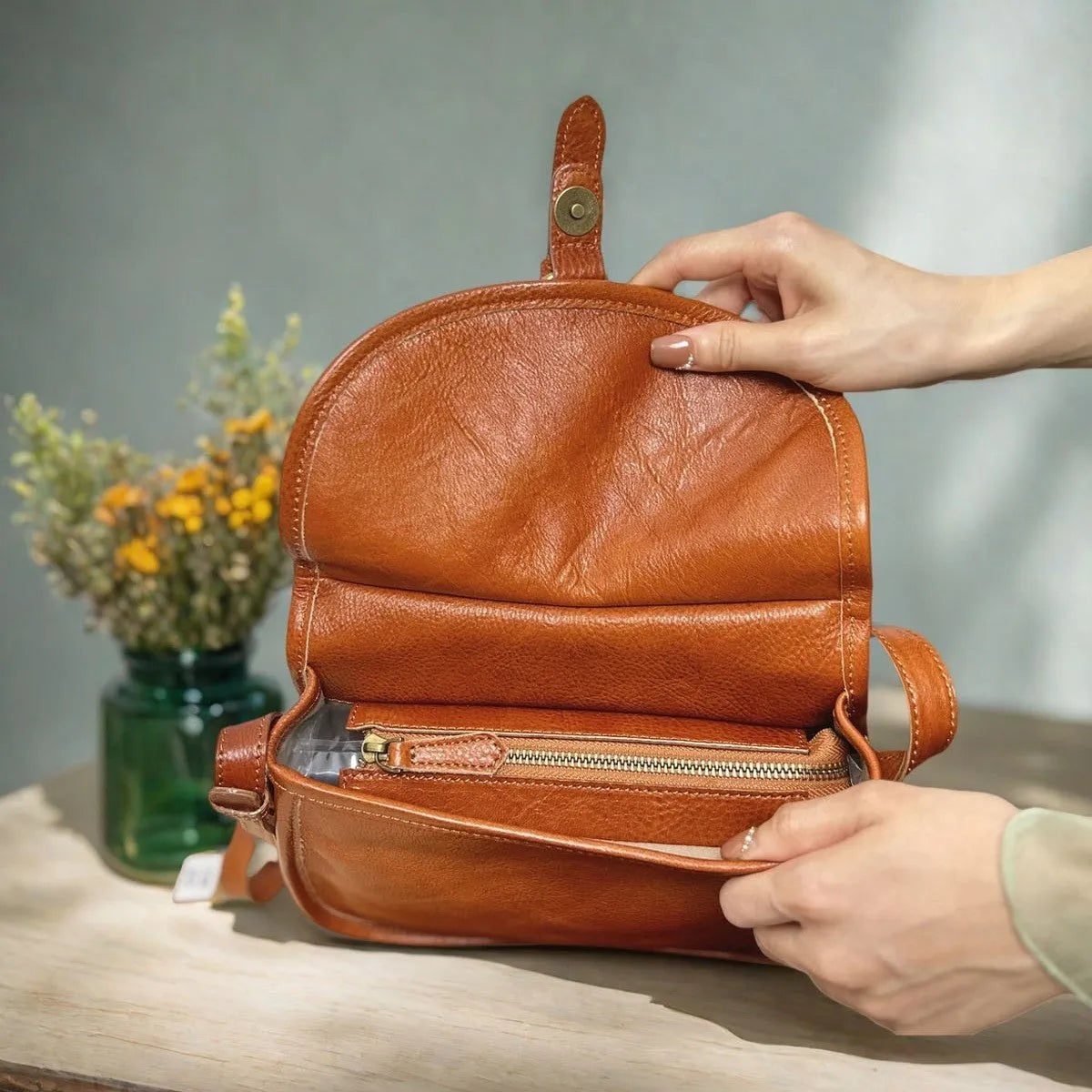 Brown genuine cowhide leather retro messenger bag with flap closure and crossbody strap