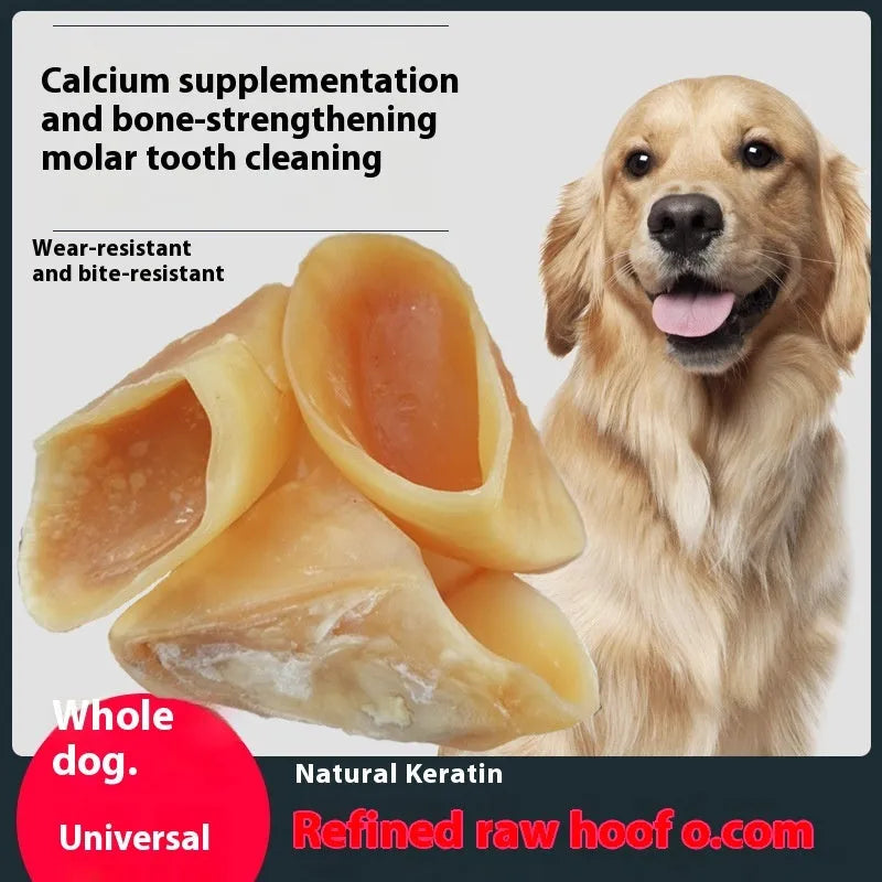 Natural cowhide anti-bite grinding rod dog chew in hoof shell colour, shown in small and large sizes.