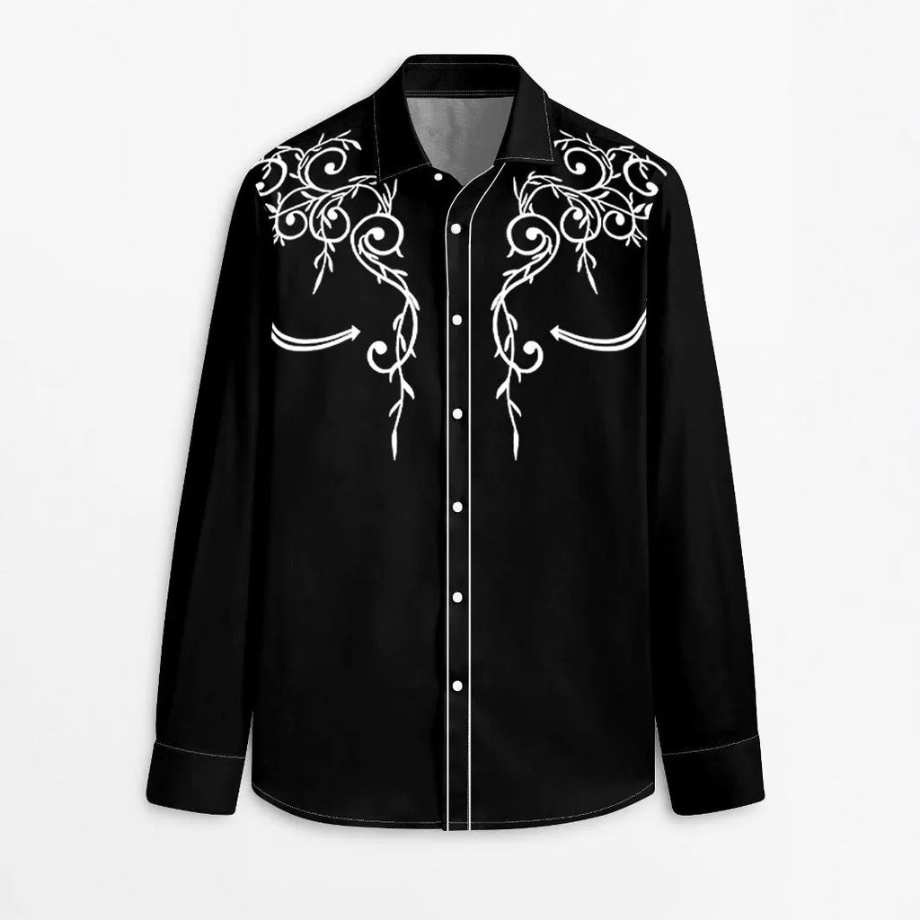 Men's long sleeve casual shirt in thin polyester with national-style digital print, loose cardigan fit, available in multiple colours