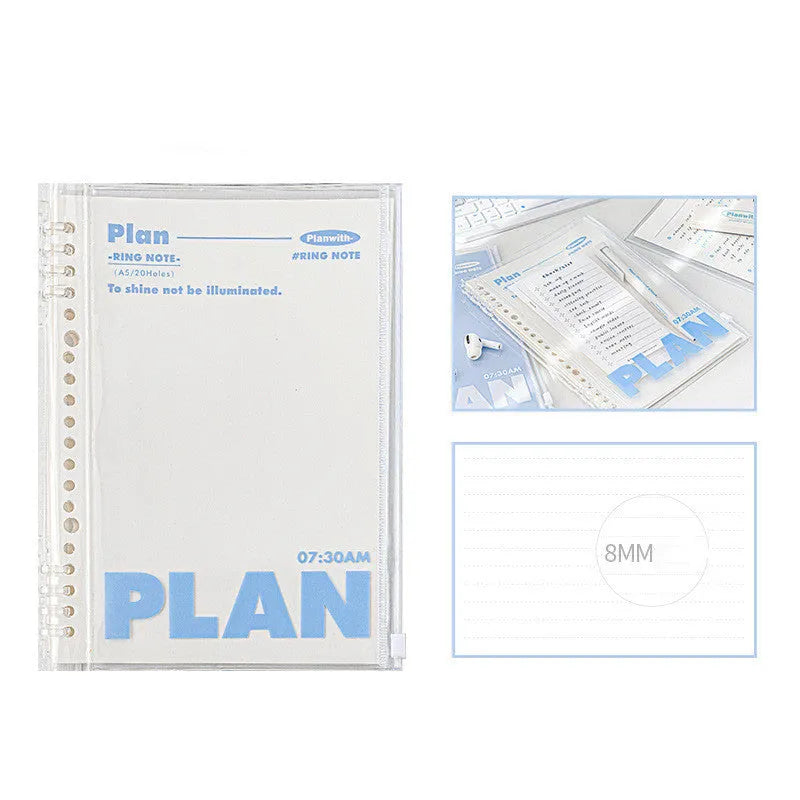 A5 PVC spiral notebook cover in blue or white transparent finish, dimensions 148mm by 210mm