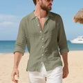 Man's linen casual shirt in a loose fit, shown in an earthy yellow colour.