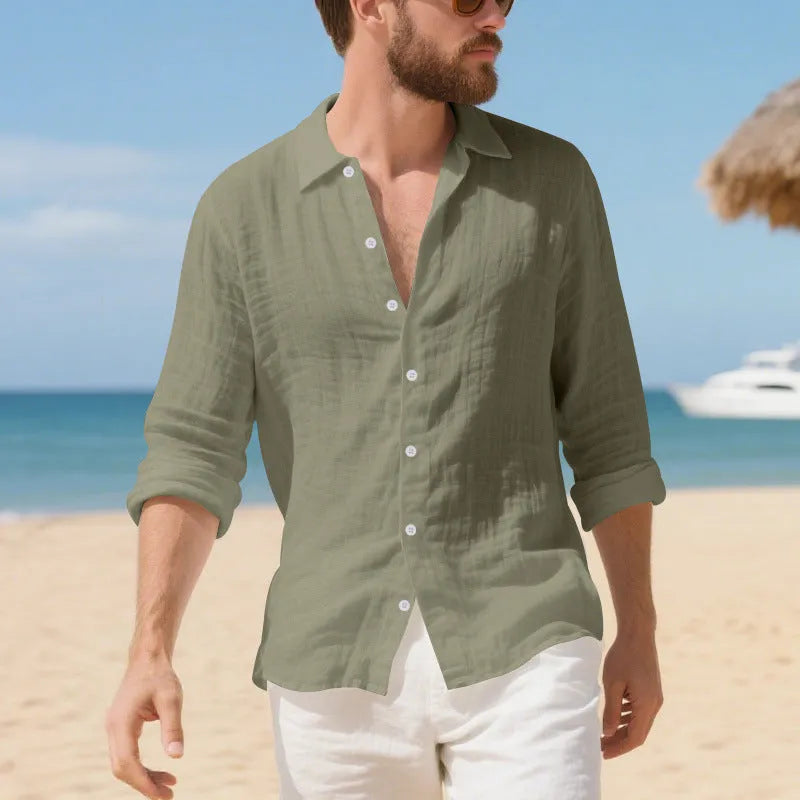 Man's linen casual shirt in a loose fit, shown in an earthy yellow colour.