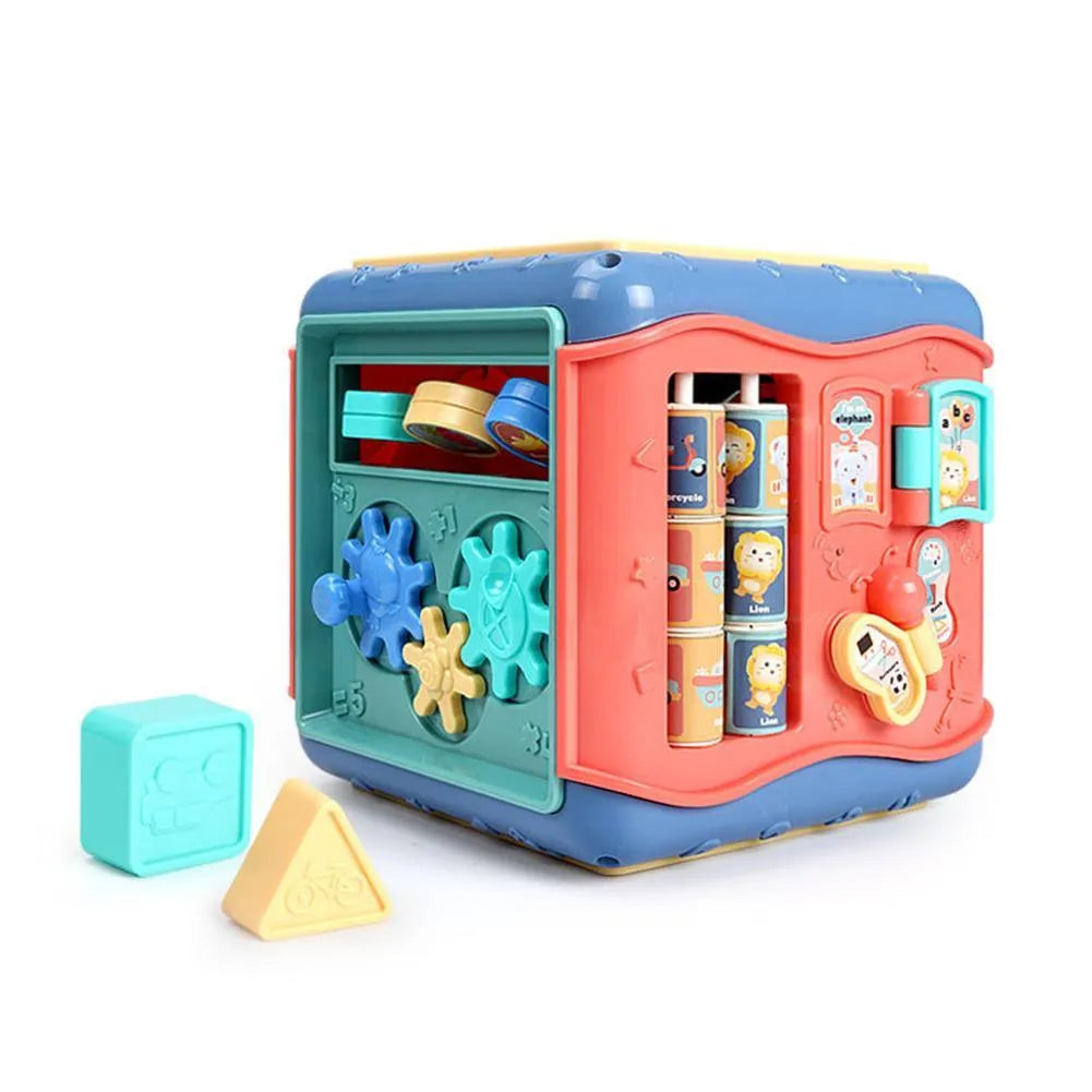 ABS plastic hexahedron educational toy with six different Montessori activities including bead maze and gears