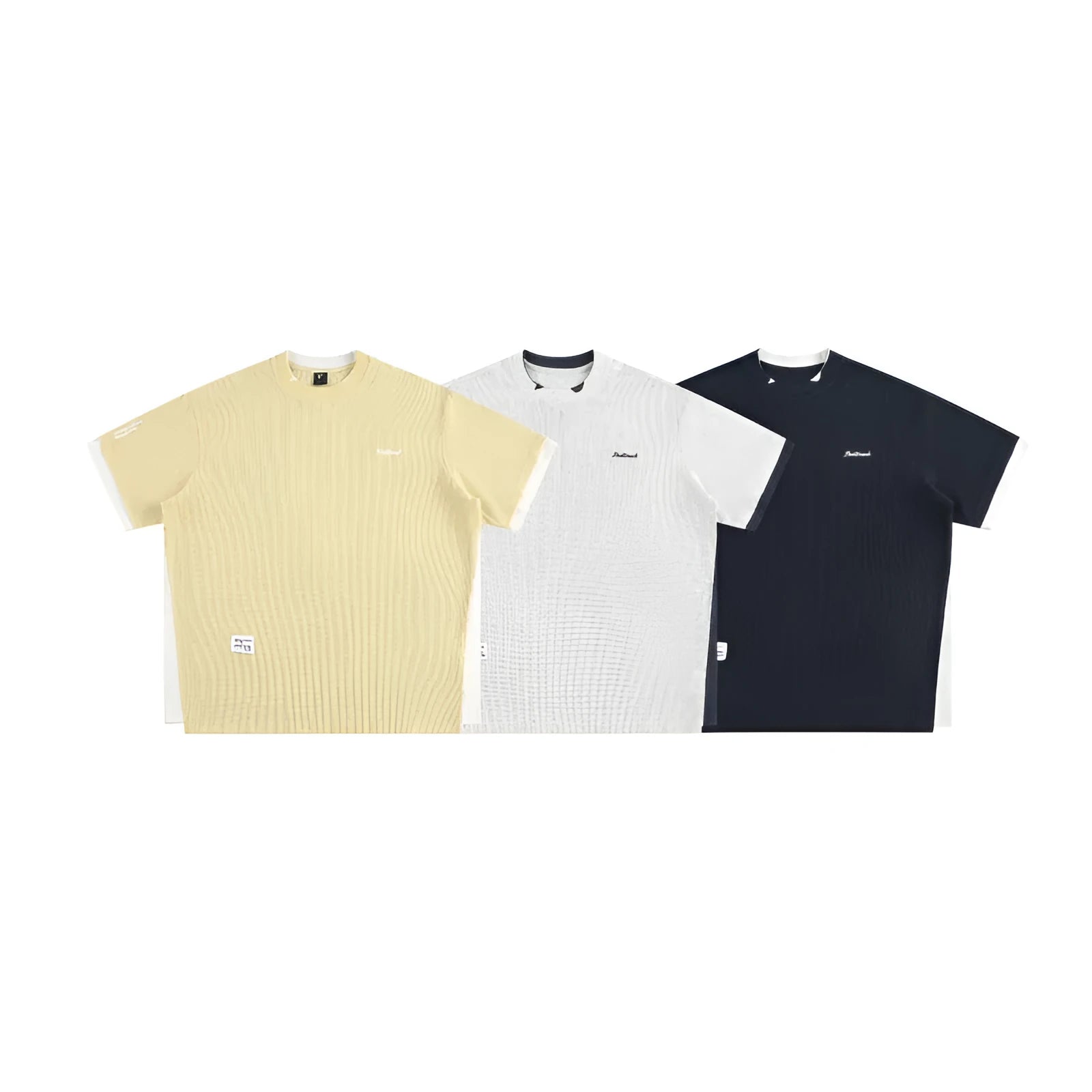 Retro alphabet embroidered loose fit short-sleeved waffle t-shirt on a hanger.