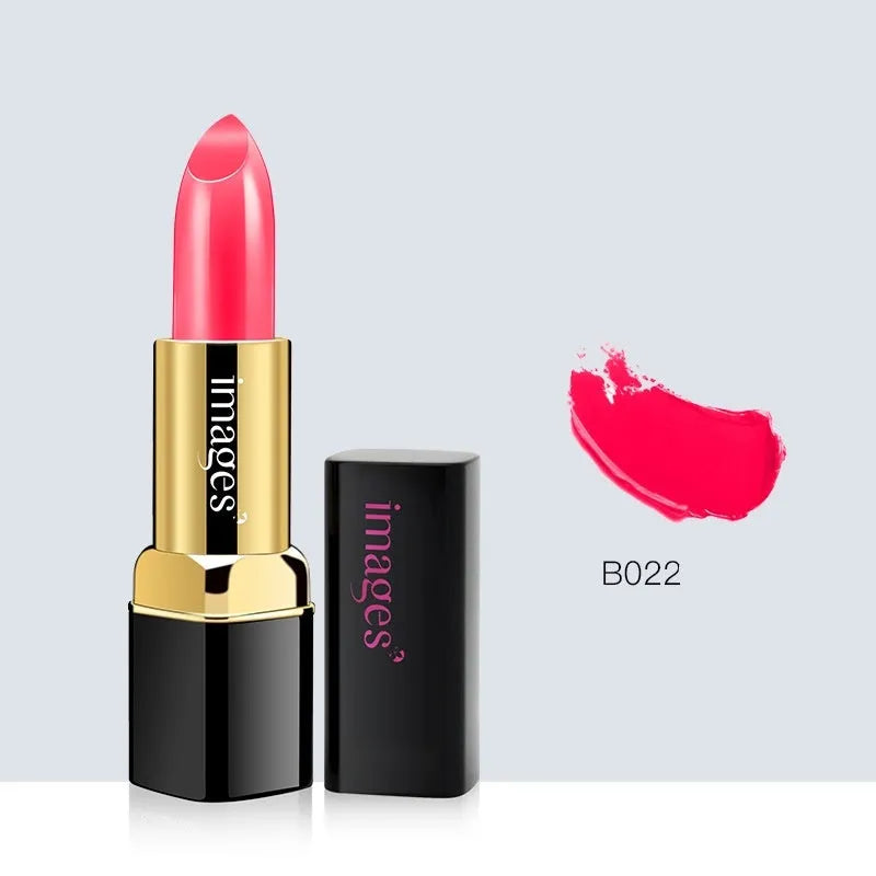 Moisturising lipstick in a compact case showing one of ten colour shades like coral red or babie pink.