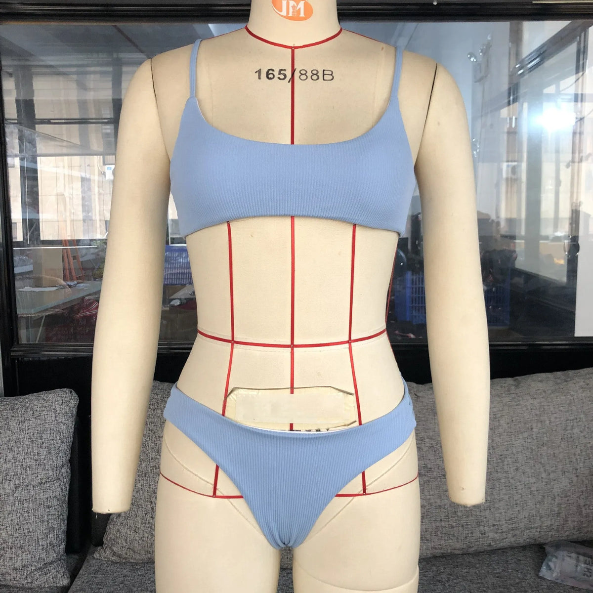 Blue solid colour striped bikini set for women with nylon polyester blend fabric