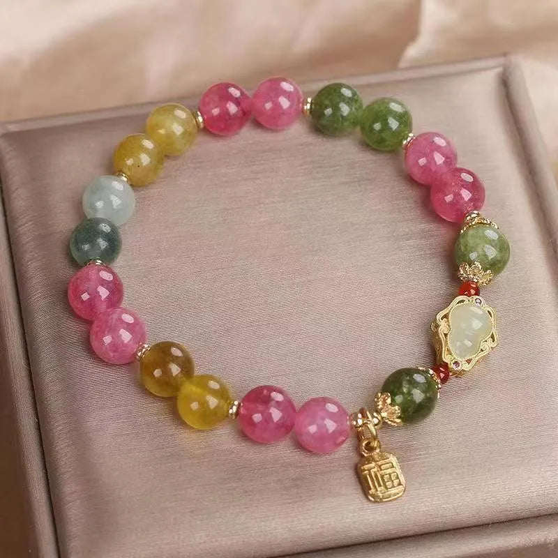 Women's bracelet with colourful tourmaline gourd blessing card charm and electroplating finish