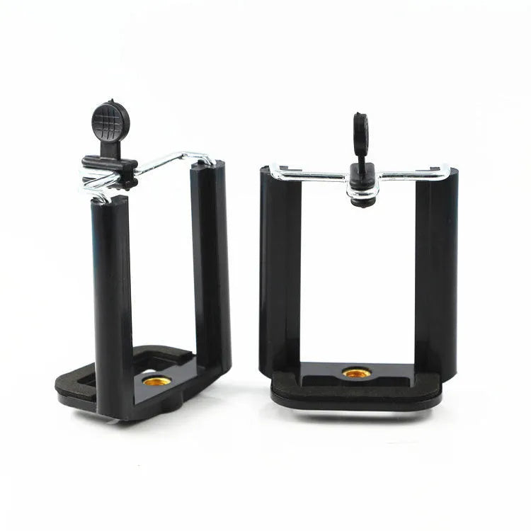 Black plastic U-clip mobile phone holder for mounting on tubes and pipes.