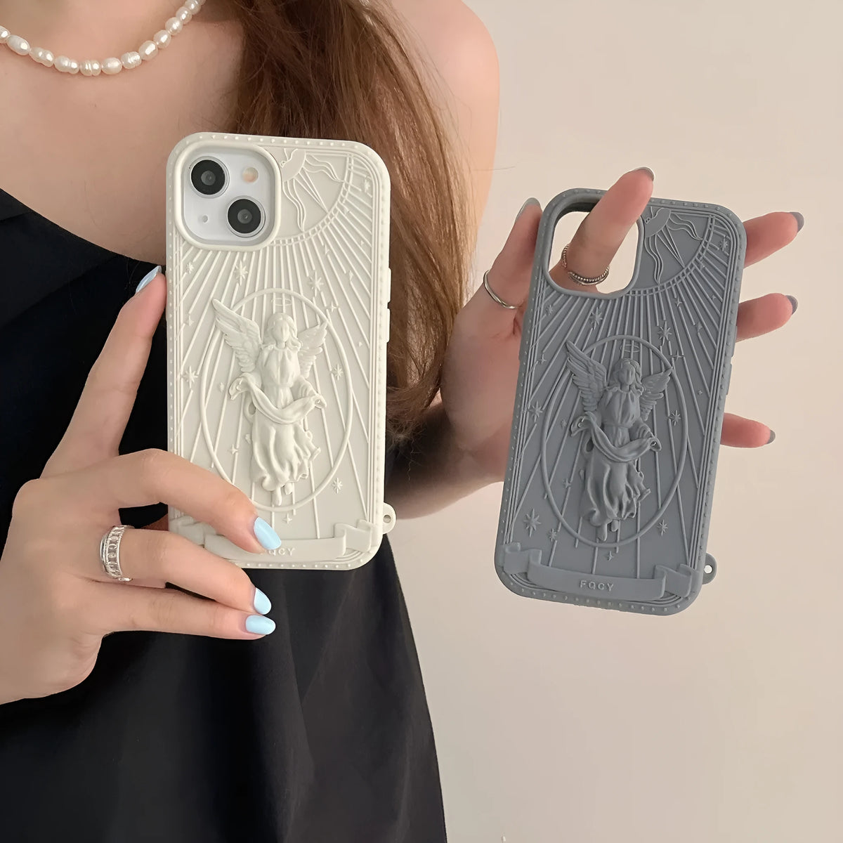 Silicone phone case with embossed Statue of Liberty design, available in beige or gray, for iPhone 11 to 16