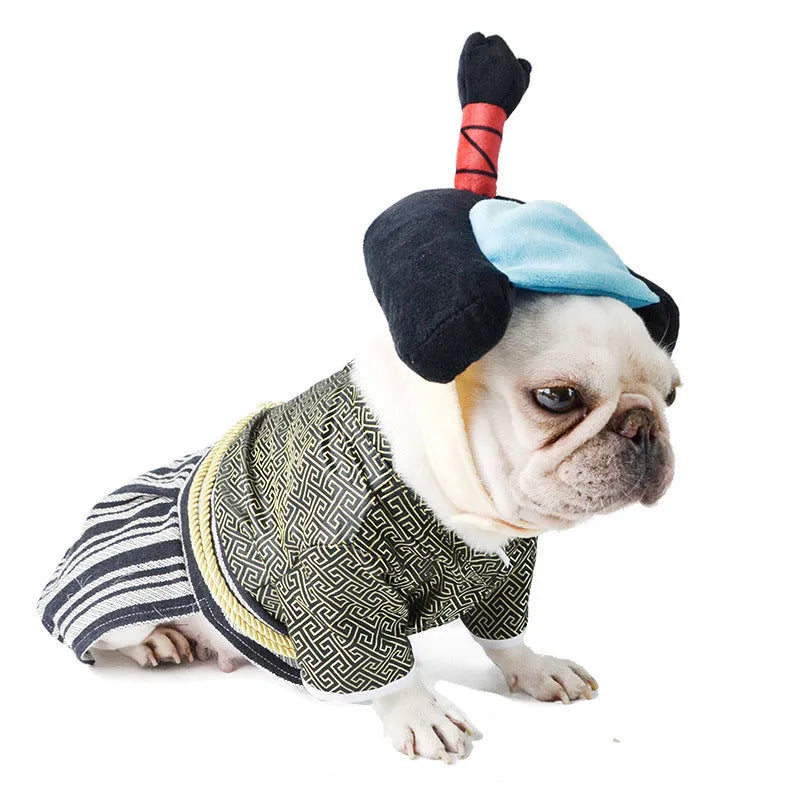 Japanese kimono dog warrior costume in black polyester on a dog, with red colour option also available in sizes S to XL
