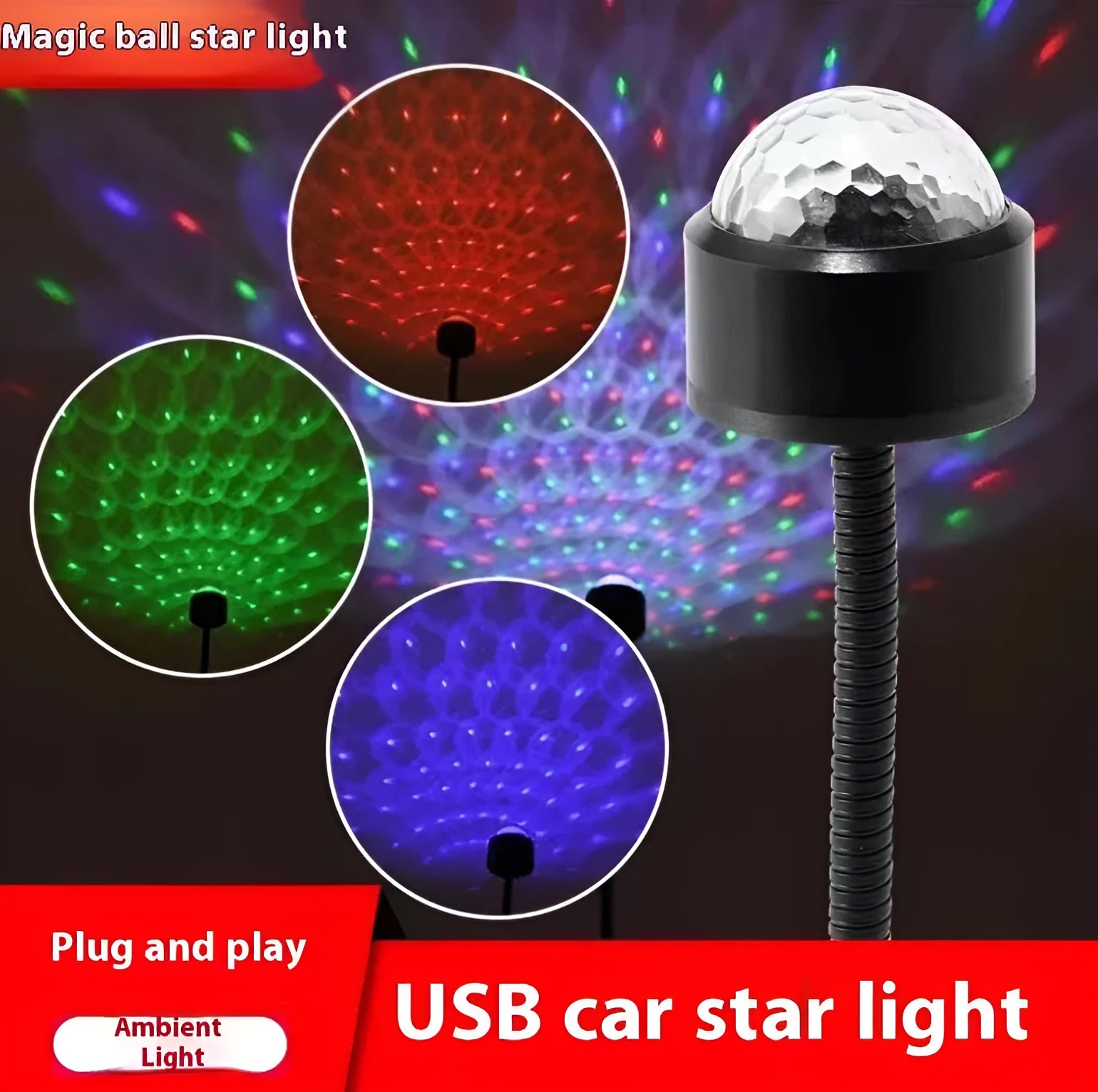 Black USB car atmosphere projection star light with ABS plastic housing plugging into vehicle dashboard