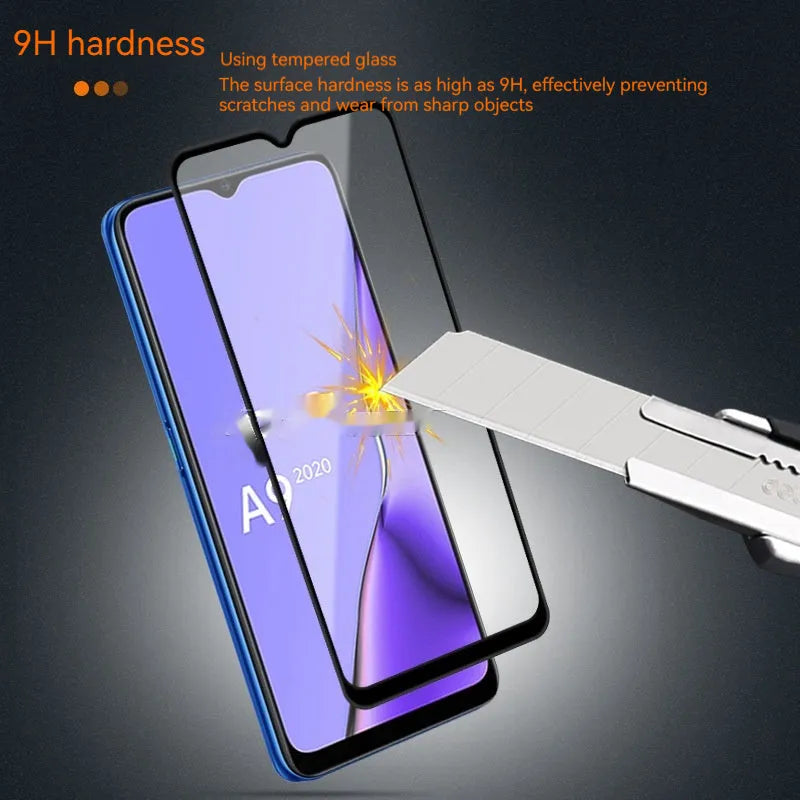 Full glue black tempered glass screen protector for OPPO A9 2020 smartphone.