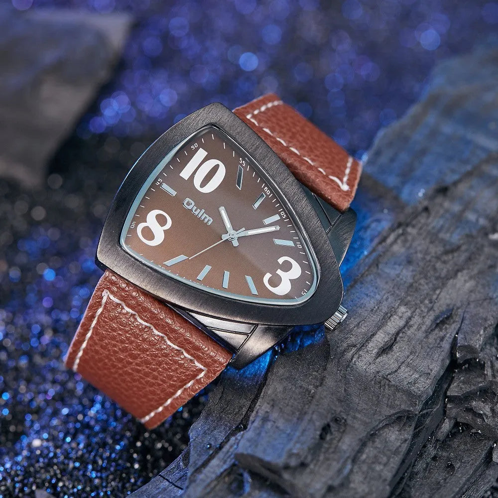 Men's casual triangle belt quartz watch in brown, black, and blue colour options showing 9mm thickness