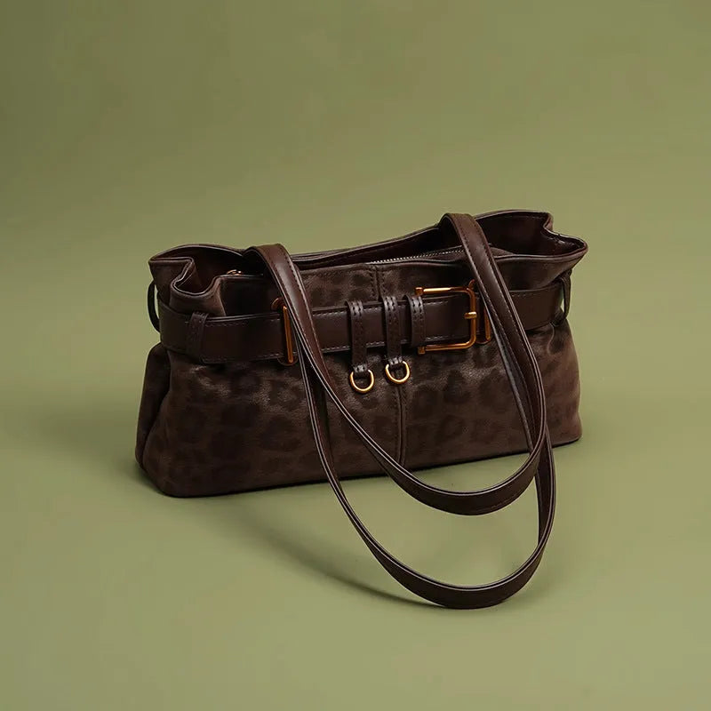 Retro leopard print shoulder bag in horizontal square shape, PU material, double straps, 30x15x10cm