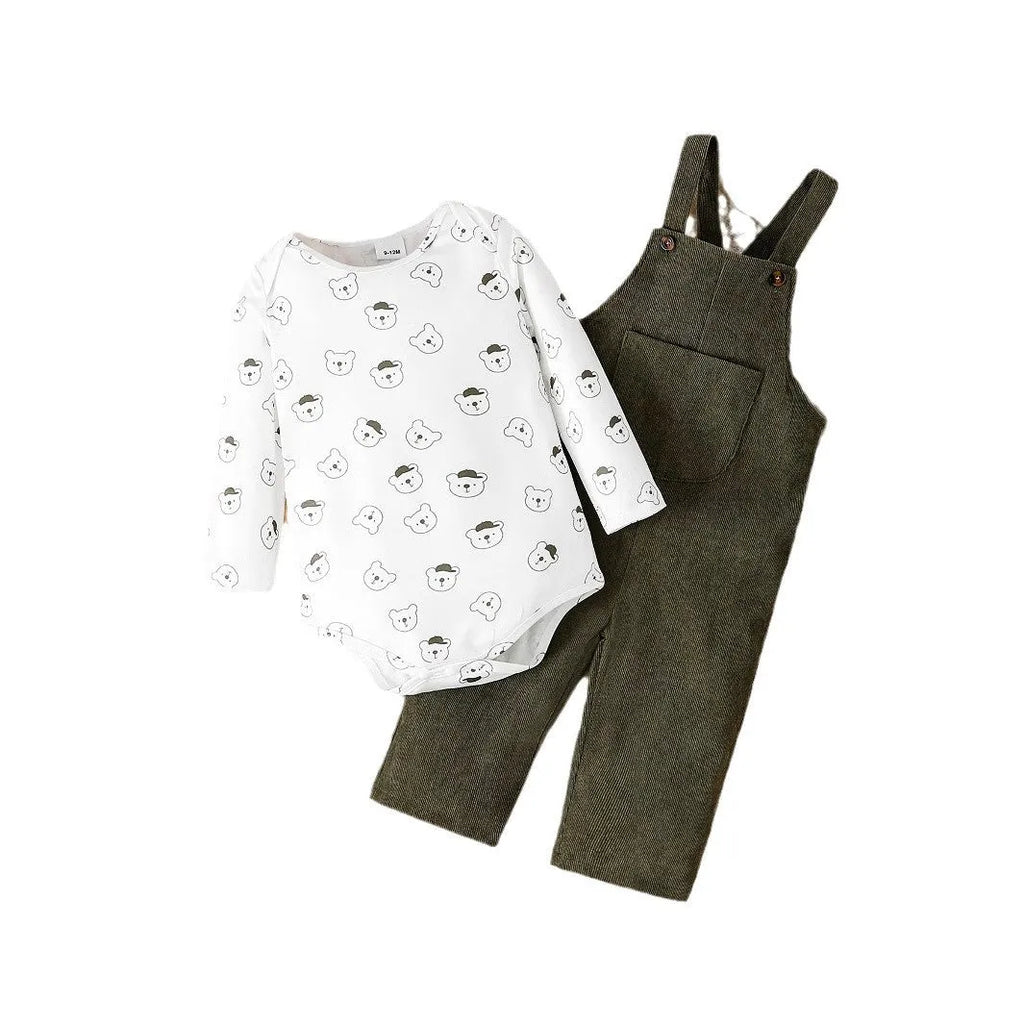 Green bear printed long sleeve round neck romper with corduroy suspender trousers baby suit on white background