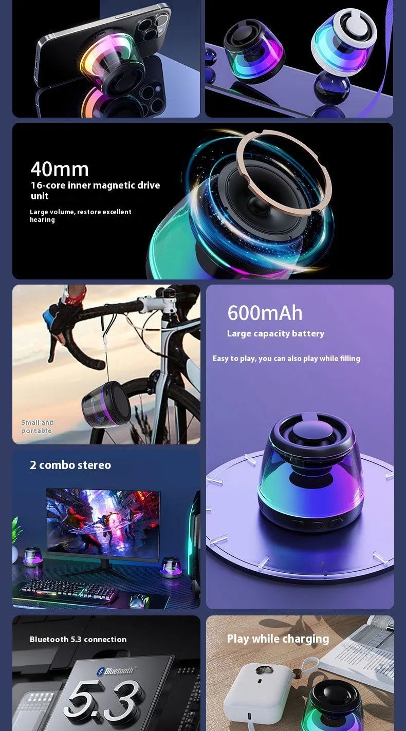 Portable Bluetooth speaker with magnetic base and ambient lighting in black or white