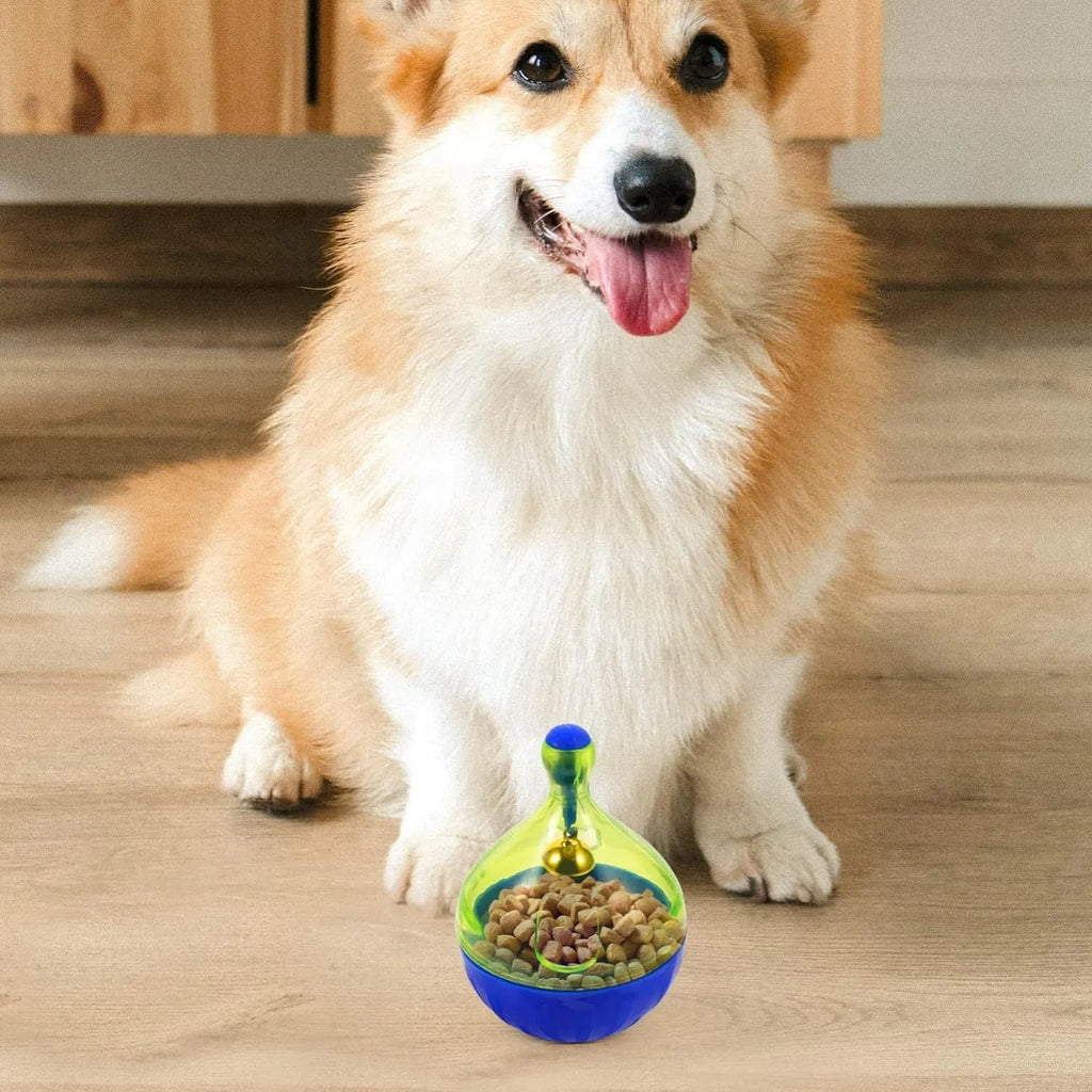Blue tumbler-shaped pet treat dispenser toy for dogs and cats with treat holes
