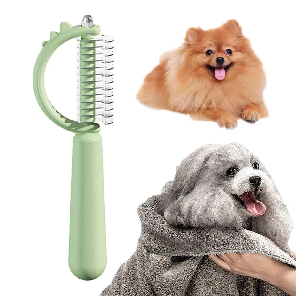 Blue dinosaur-shaped self-cleaning cat grooming brush with double-sided stainless steel pins