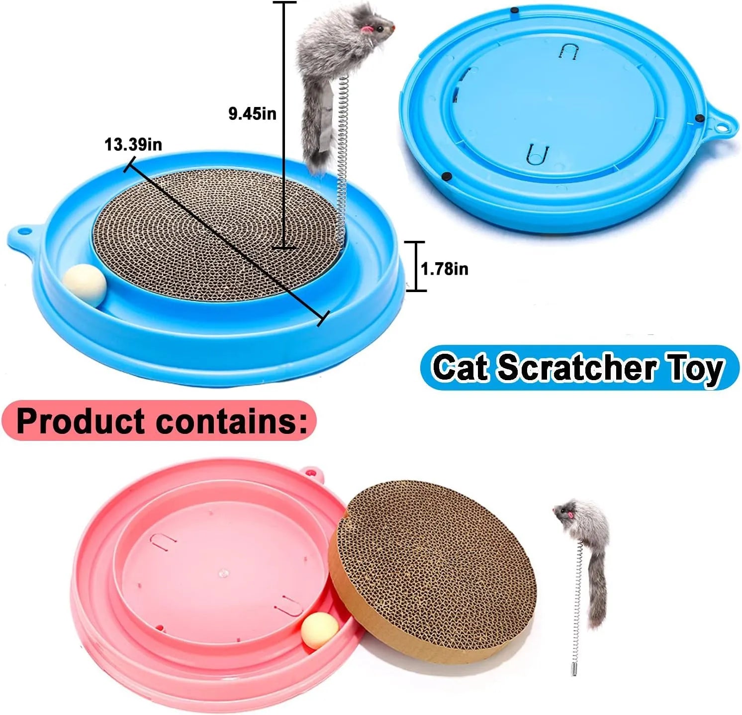 Blue interactive cat scratcher toy with ball track and replaceable cardboard scratching surface