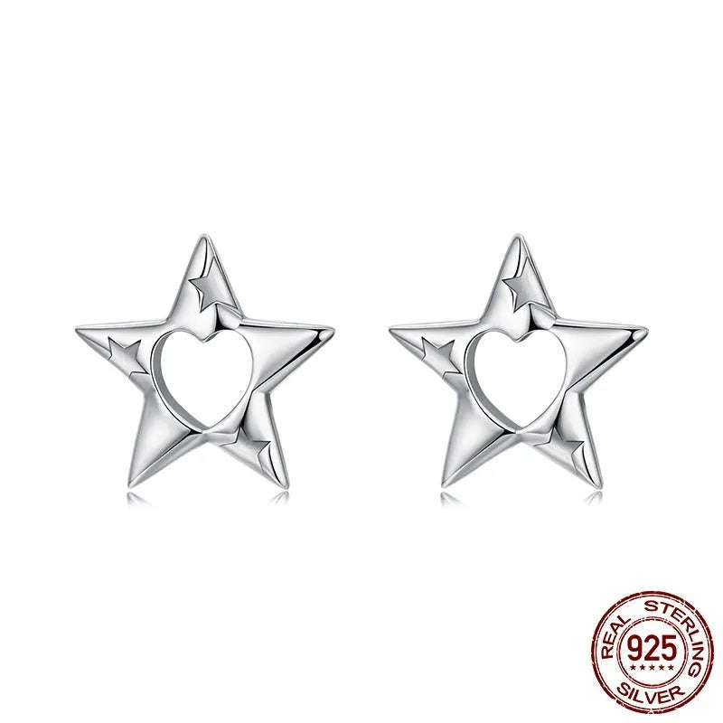S925 sterling silver hollow pentagram star stud earrings, polished finish, SCE1886 colour, on white background