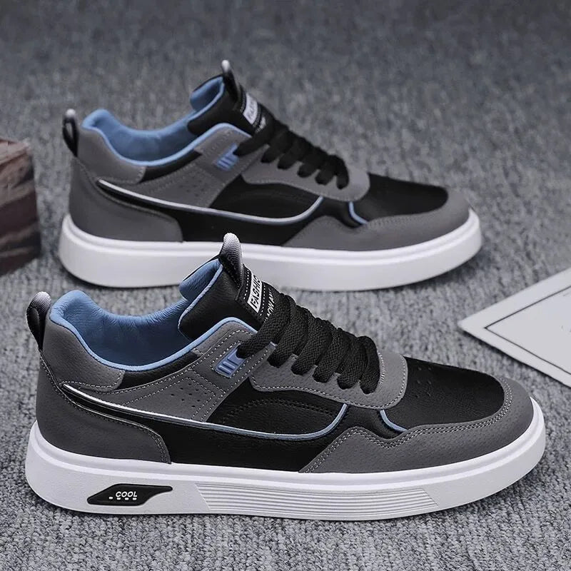 Men's Korean style canvas board shoes in black, beige, or grey with leather stitching detail