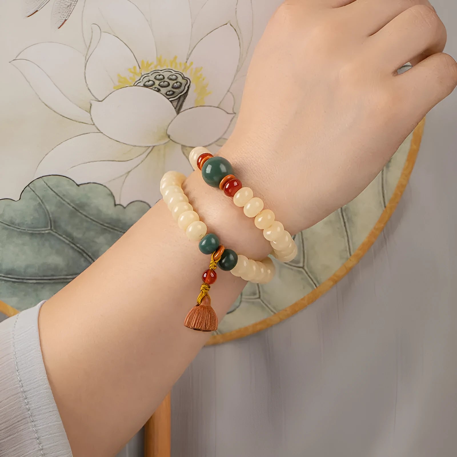 Cream topaz wooden bodhi bracelet with 6 by 9mm flat round beads for women