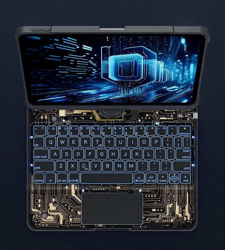 360 swivel transparent keyboard case for iPad with trackpad and telescopic pen slot