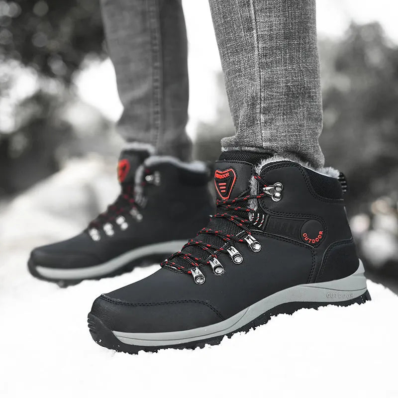 Men's winter snow boots with plush lining, lace-up front, synthetic leather upper, and TPR outsole in grey colour