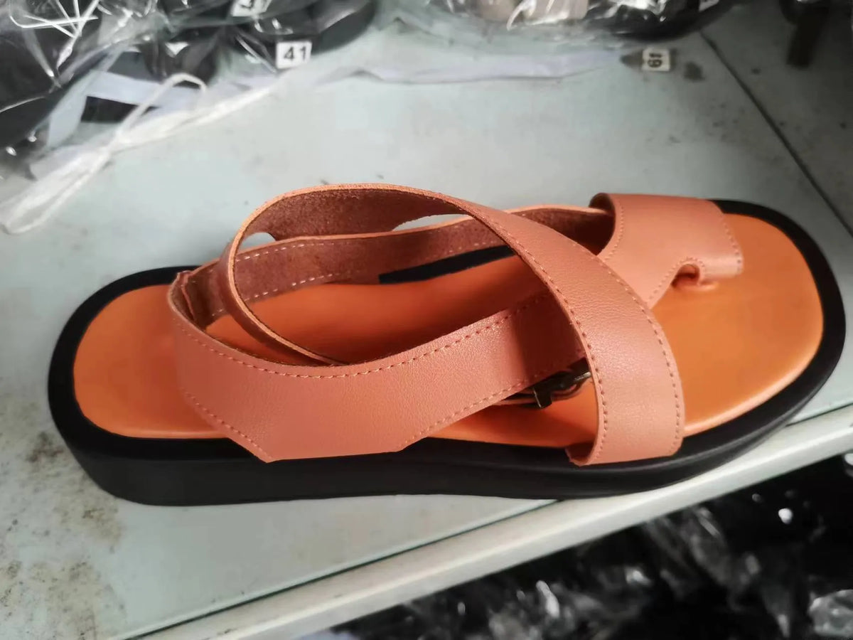 Women's casual thick-soled clip toe sandals with back buckle strap in beige, round toe design