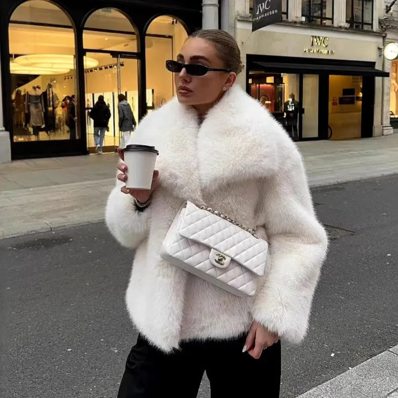 Women's artificial fur coat with large lapel, fluffy texture, side pockets, in high quality black or white