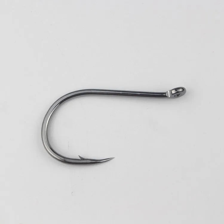 Bulk pack of barbed fishing hooks with crooked mouth and hole ring for sea fishing.