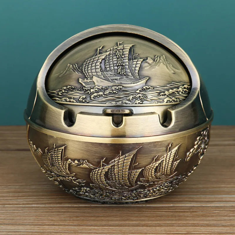 XL decorative alloy ashtray with smoke slot in bronze finish showing dragon and phoenix design