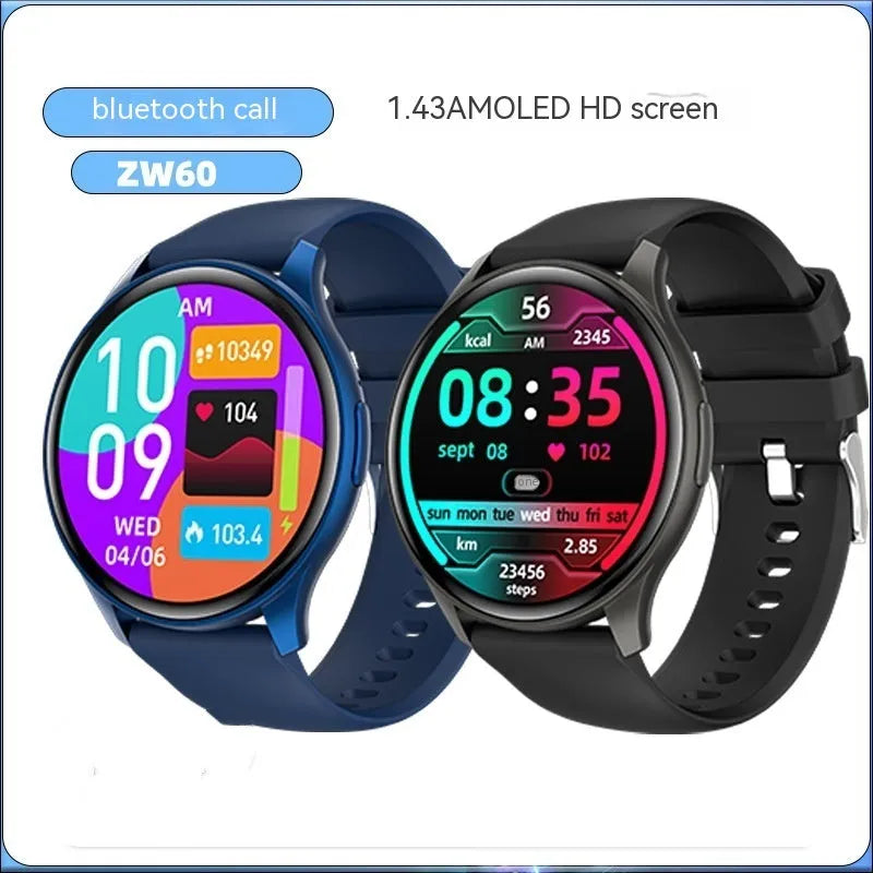 ZW60 smart watch with round AMOLED screen showing health data on wrist, available in multiple colours